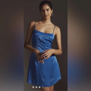 Anthropologie Royal Blue open back slip satin Mini Dress, size 8 petite